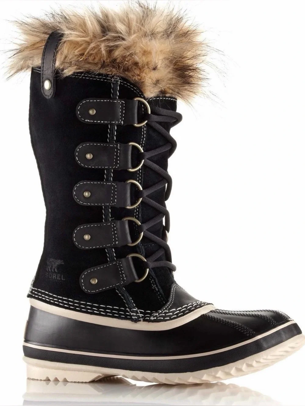 Sorel Women's Black Lace-Up Faux-Fur Winter Boot with Cream Trim